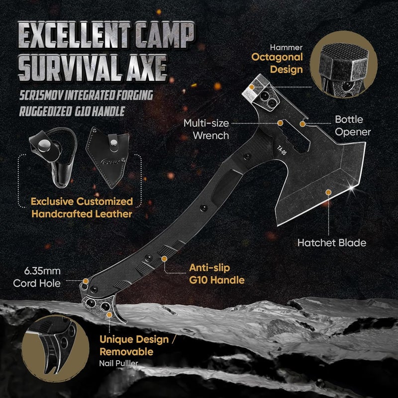 RXLUY Tactical Axe with G10 Handle Camping Survival Hatchet, Multifunctional Outdoor Hiking Heavy Duty Full Tang Tomahawk Tools with Hammer, Unique Design Crowbar, Leather Sheath (Black) - Image 2